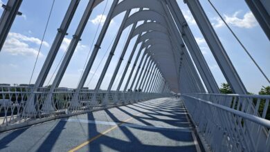 Modern pedestrian bridge with arched structure and shadows.