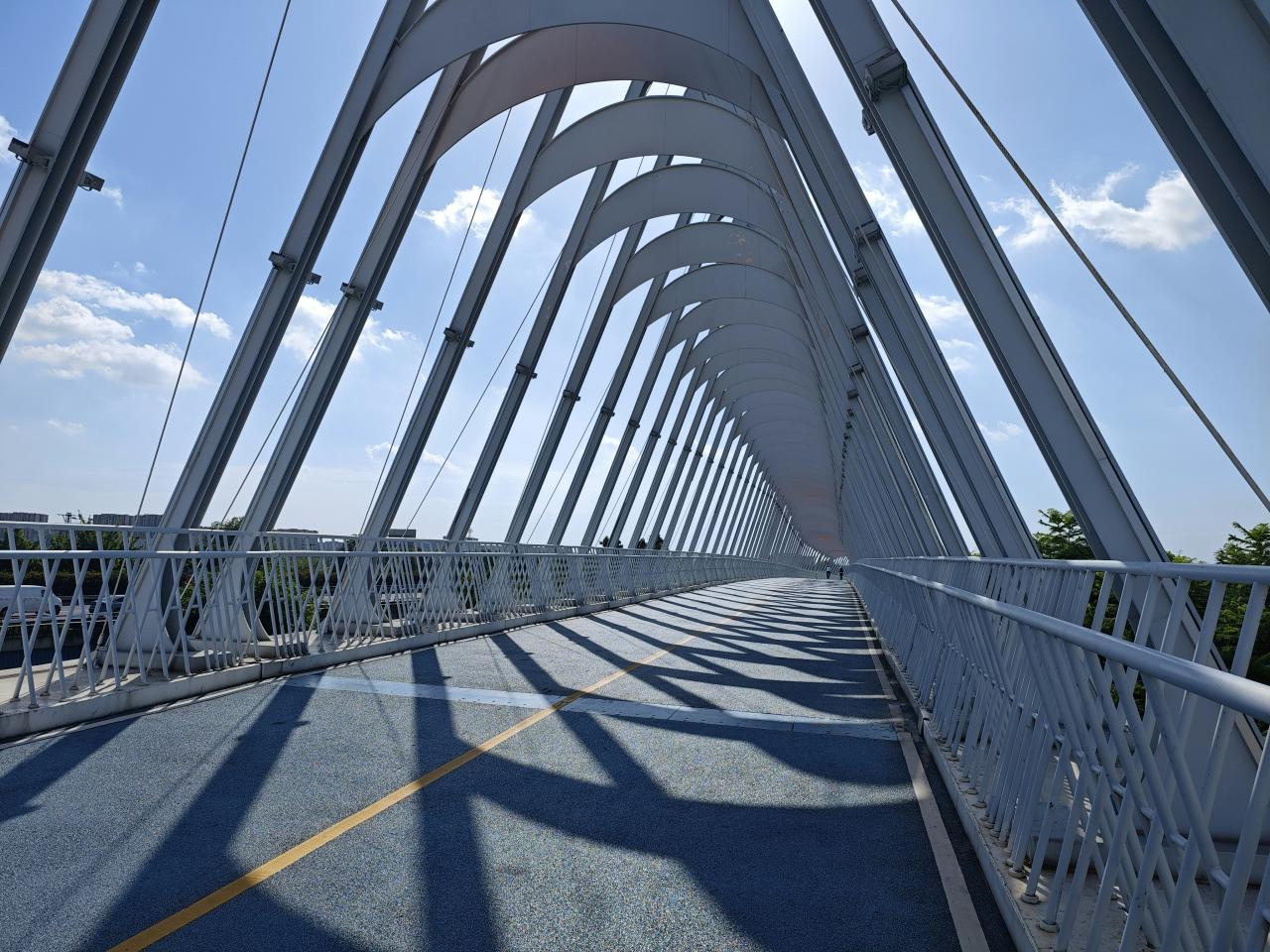 Modern pedestrian bridge with arched structure and shadows.